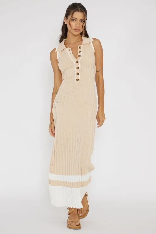 Cayla Button-Up Ribbed Knit Dress Sand Polished Women's Silk