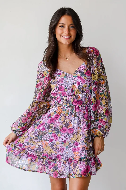 FINAL SALE - Elite Sweetness Lavender Floral Mini Dress Cozy Women's Sherpa - lined