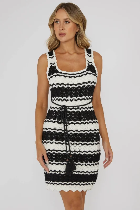 Wander Lust Crochet Mini Dress Striped Black Monochromatic All - in - one
