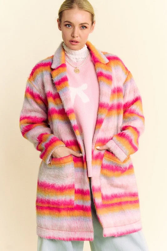 Davi & Dani Contrast Striped Open Front Coat with Pockets Preppy Women's College