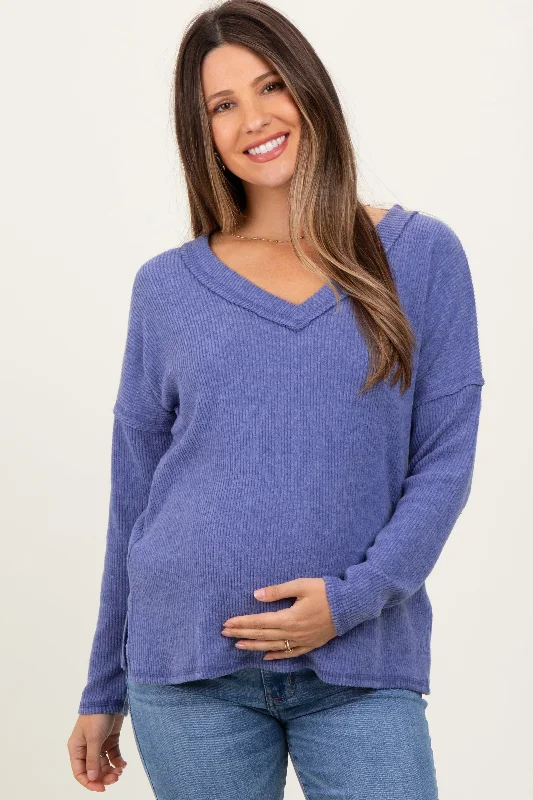 Blue Ribbed V-Neck Long Sleeve Maternity Top Women