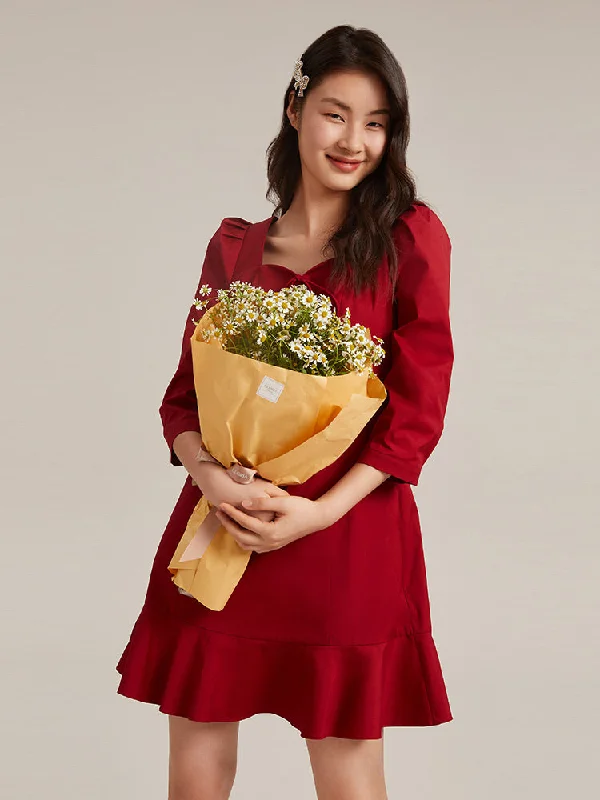 Chili Red Half-sleeve Mini Dress Hip Women's Retro