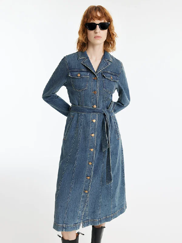 Denim Lapel Single-Breasted Women Midi Dress With Belt Sustainable Organic