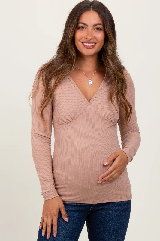 Beige Ribbed V-Neck Long Sleeve Maternity Top Sustainable Organic
