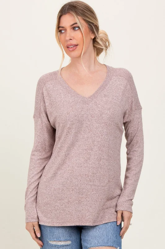 Beige Basic V-Neck Long Sleeve Brushed Knit Top Confident Women's High - fashion Confident Women's High - fashion