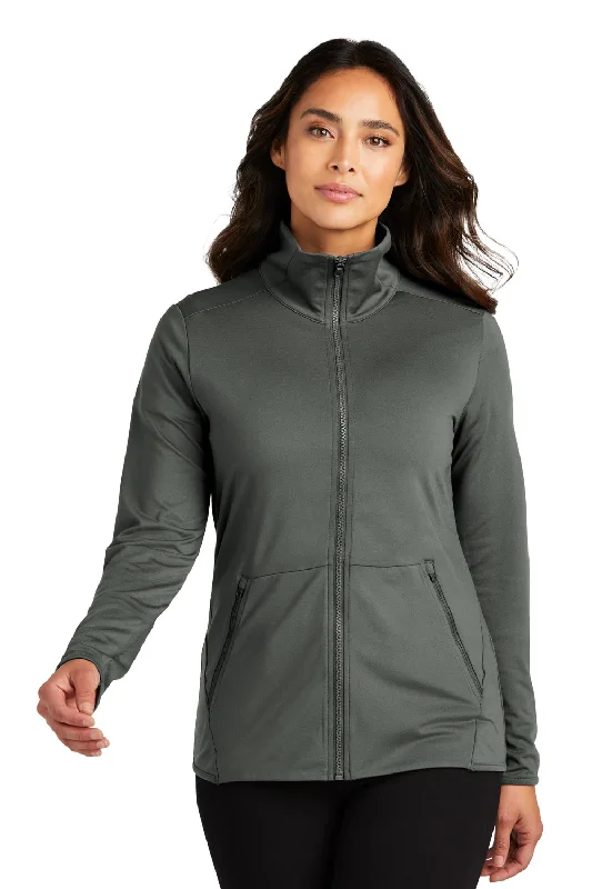 Port Authority Womens Accord Stretch Moisture Wicking Fleece Full Zip Jacket - Pewter Grey Laid - back Women's Style Port Authority Womens Accord Stretch Moisture Wicking Fleece Full Zip Jacket - Pewter Grey Laid - back Women's Style