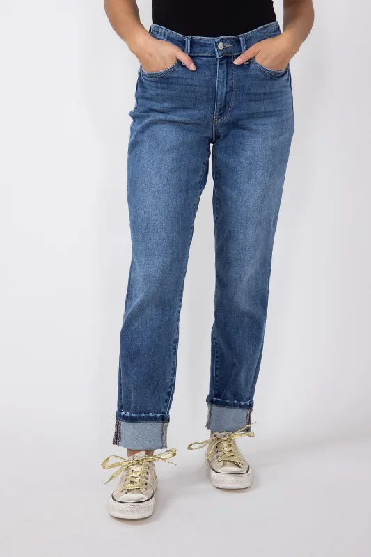 Judy Blue Mid-Rise Dark Wash Cuffed Boyfriend Jeans for Women | 82624REG Modern Women's Tech