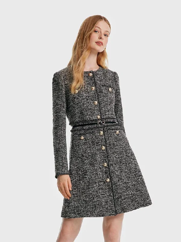 Round Neck Tweed Dress With Belt Monochromatic Office Style
