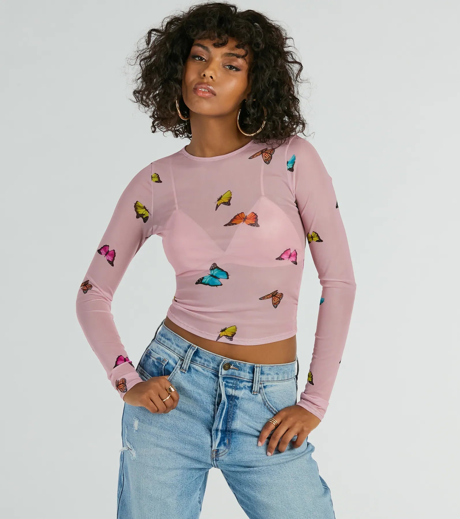 Butterfly Effect Long Sleeve Mesh Crop Top Modern Women's 