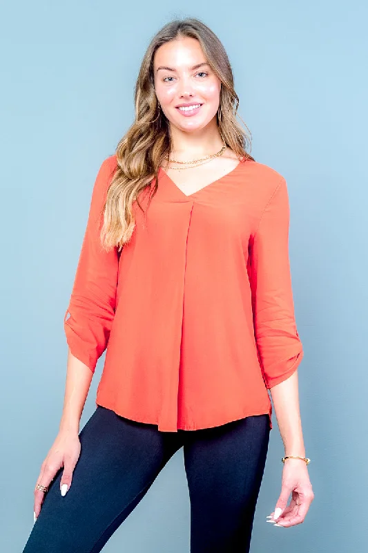 3/4 Sleeve Rolled Cuffs V-Neck Solid Top* (2159TK) Elegant Women's Formal 