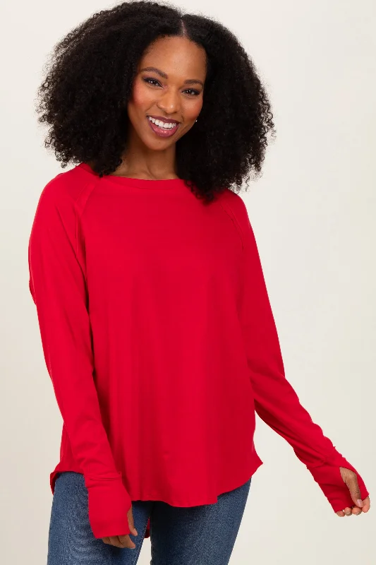 Red Exposed Seam Long Sleeve Top Monochromatic All - in - one