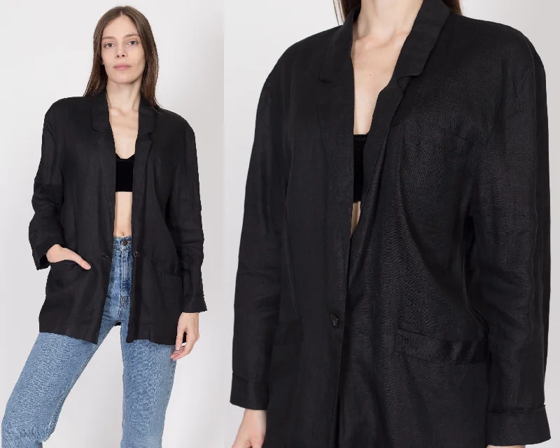 Large 80s Black Linen Blazer British Gentlewoman Style