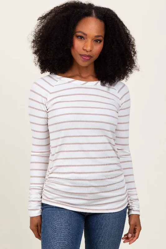 White Striped Ruched Side Long Sleeve Top Artistic Women's Avant - 