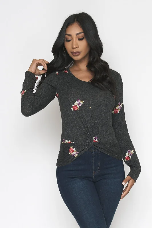 Long Sleeve Scoop Neck Top with Twist Front Detail and Floral Print (ET1563) Bold Women's Statement