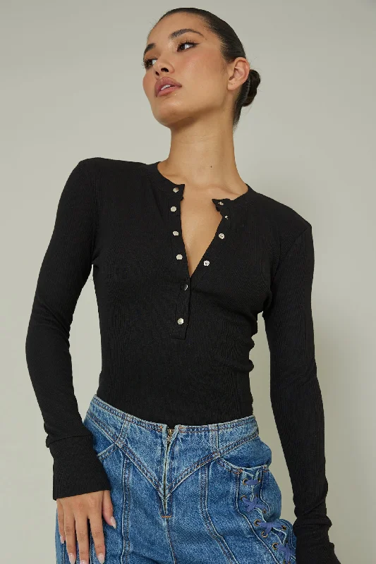 Henley Snap Front Bodysuit Black Rugged Women's Outdoor 