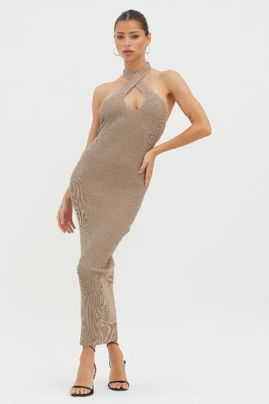 Lovelock Halterneck Ribbed Knit Midi Dress Latte Earthy Women's 