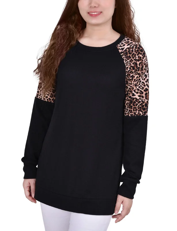 Long Raglan Sleeve Top With Animal Print Insets Sleek Women's Metallic Sleek Women's Metallic