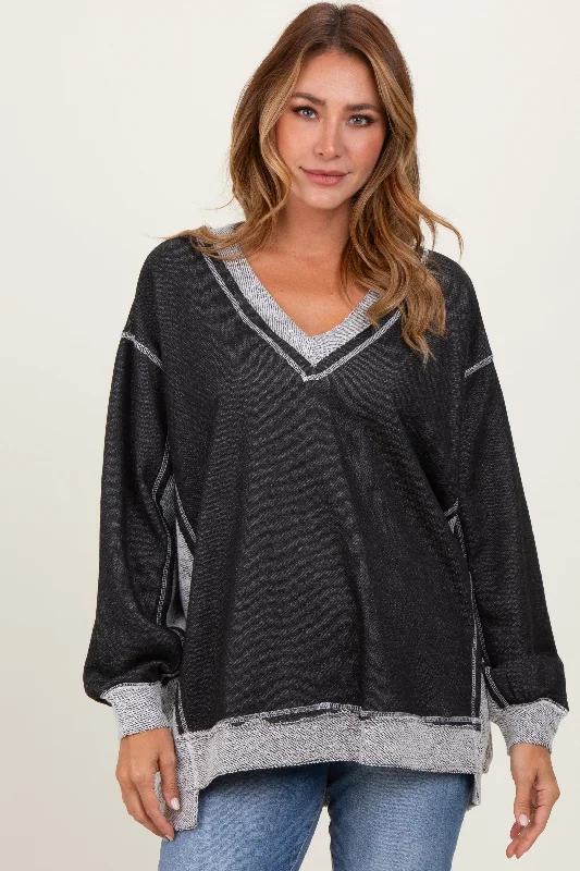 Black Contrast French Terry Long Sleeve Top Trendy Women's 