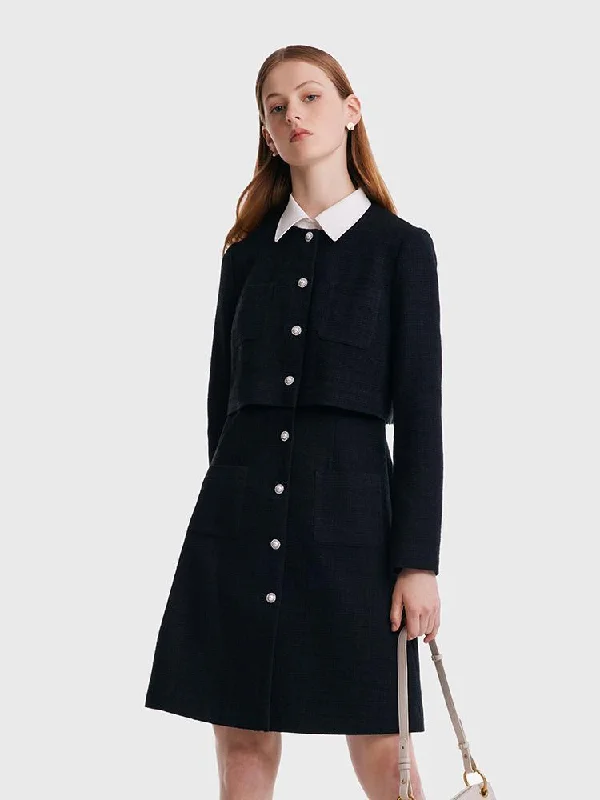 Tweed Fake Two Piece Mini Dress With Detachable Shirt Collar European