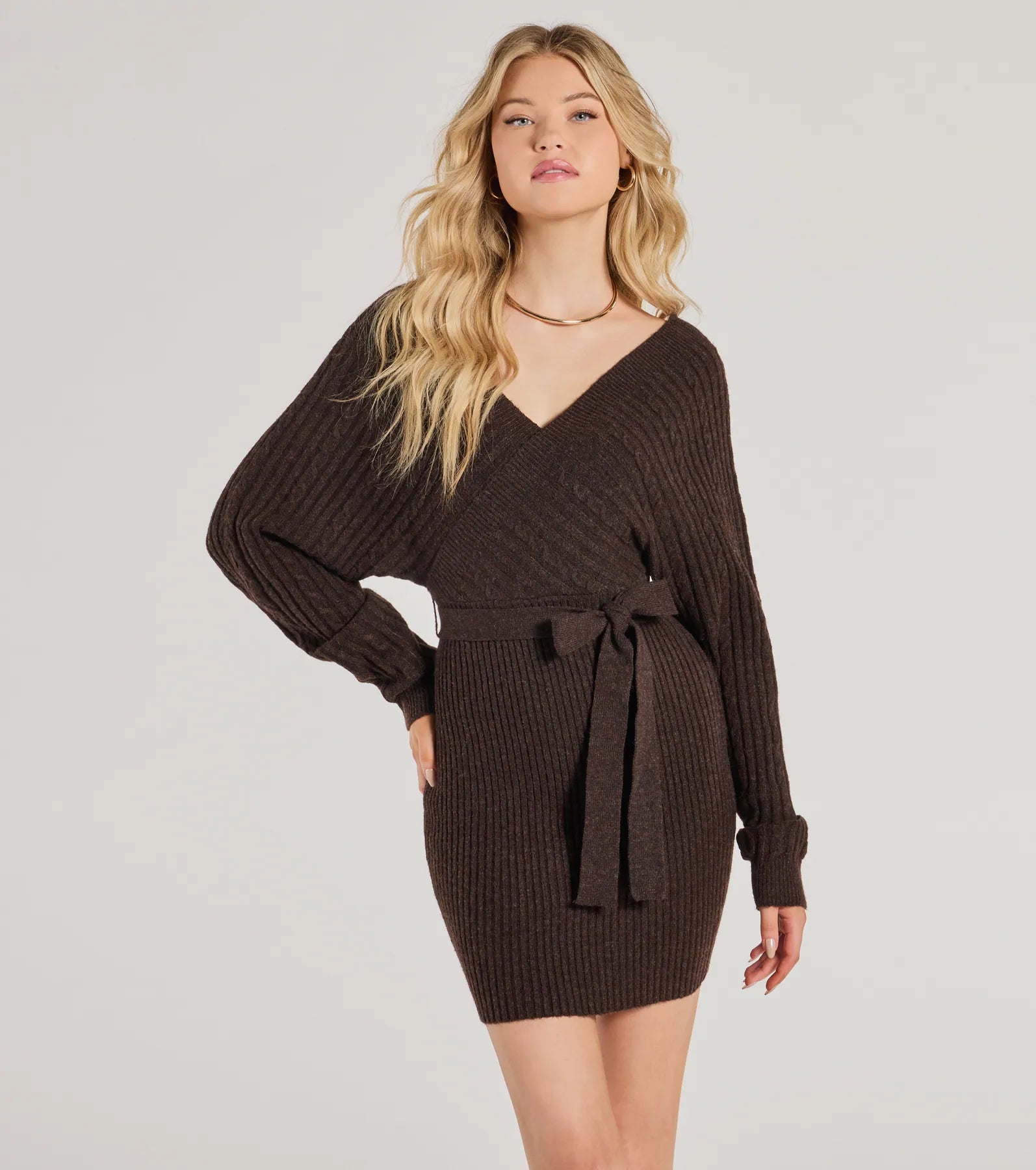 Cozy Fave Cable Knit Long Sleeve Mini Dress Practical Women's Multi - 