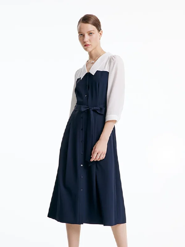 Dark Navy Patchwork Midi Dress Hip Women's Urban