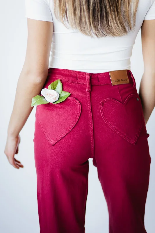 Judy Blue High Rise Heart Pocket Straight Jeans for Women in Scarlet Red | 88917REG Trendy Women's Judy Blue High Rise Heart Pocket Straight Jeans for Women in Scarlet Red | 88917REG Trendy Women's