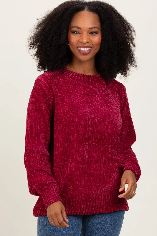 Burgundy Chenille Knit Balloon Sleeve Sweater Luxurious Women's High -  end