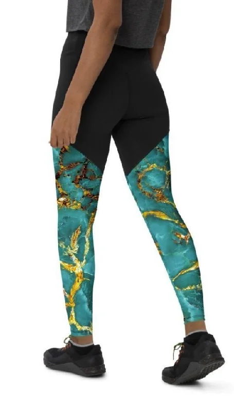 Turquoise & Gold Marble Compression Leggings Cool Women's Distressed