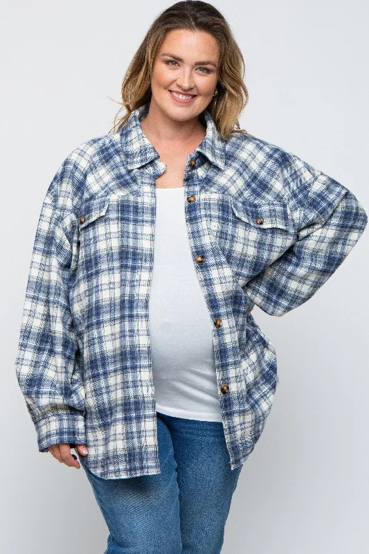 Navy Blue Flannel Plaid Button Up Maternity Plus Shacket Unique Women's Upcycled Unique Women's Upcycled