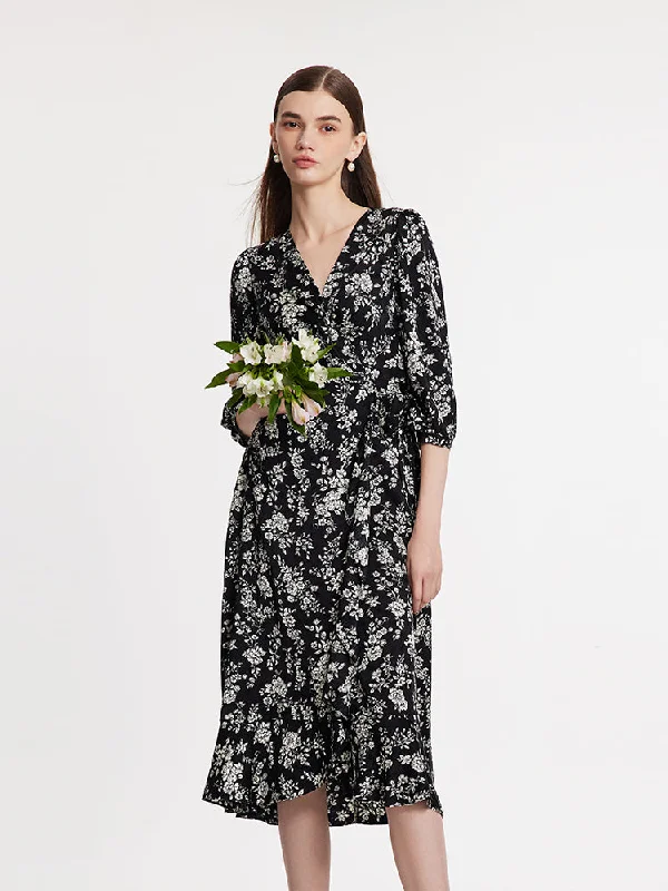 Camellia Print V-Neck Ruffle Hem Women Midi Wrap Dress Feminine Women's Soft 