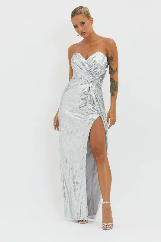 Angel Energy Strapless Sequin Maxi Dress Silver Dapper Women's 1920S