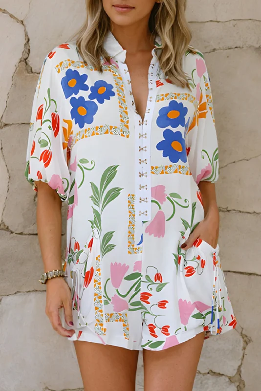 Pocketed Printed Half Sleeve Romper Earthy Women's Hemp - based