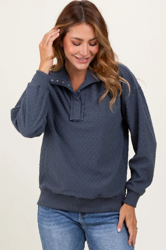 Charcoal Quilted Knit Snap Collar Pullover Top Bold Women's Statement