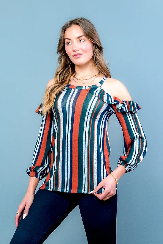 Open Shoulder Long Sleeve Striped Top (ET1366) Sporty Women's Athleisure 