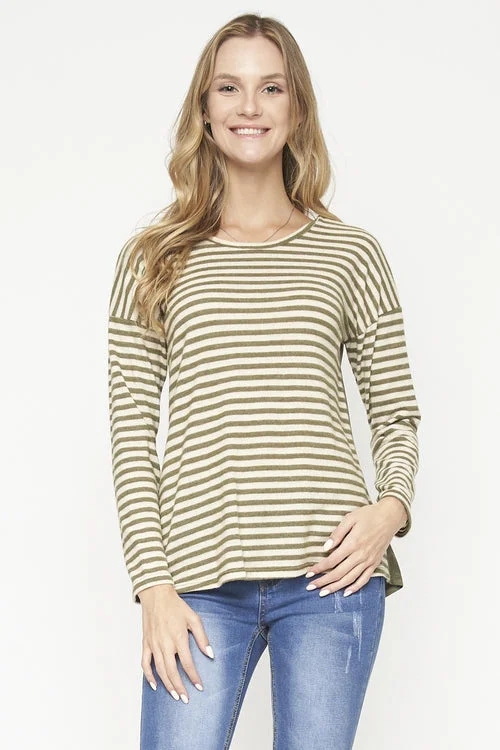 Ivory Stripe Knit Long Sleeve Suade Detail Knit Top (D71260) Bohemian Women's Free