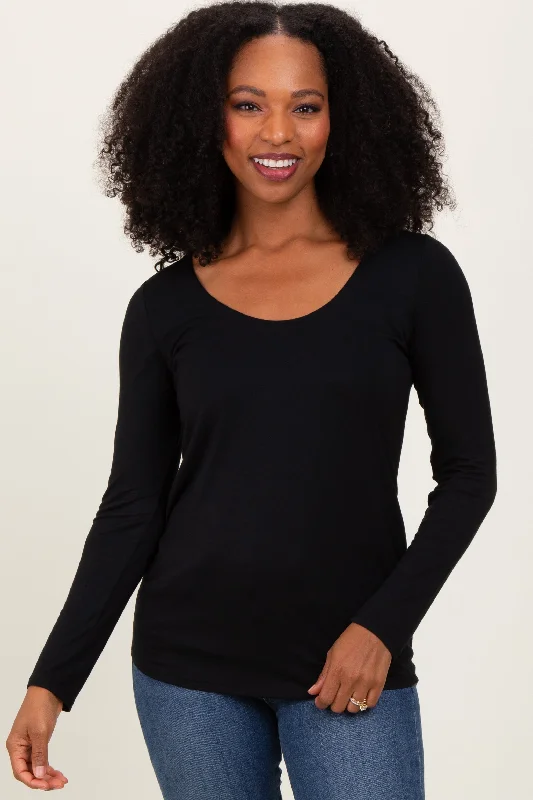 Black Basic Scoop Neck Long Sleeve Top Cozy Women's Sherpa - lined