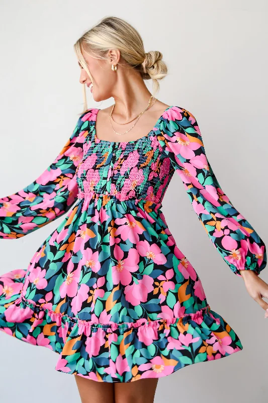 FINAL SALE - Evening Splendor Black Floral Mini Dress Elegant Women's 