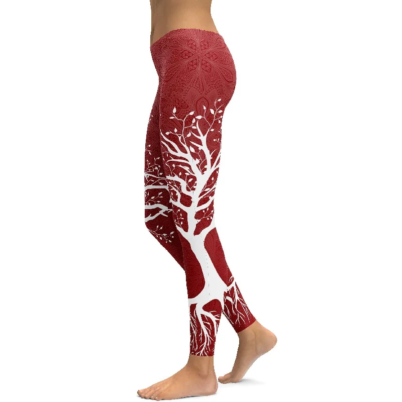 Deep Red Tree of Life Leggings Preppy Women's College