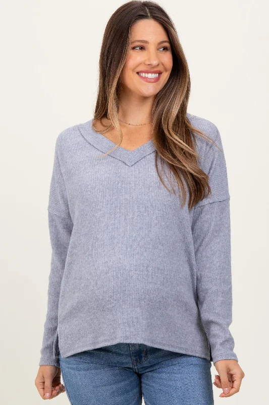 Heather Grey Ribbed V-Neck Long Sleeve Maternity Top Women
