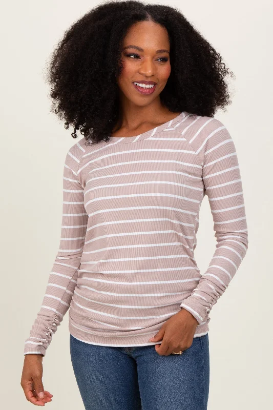 Beige Striped Ruched Side Long Sleeve Top Women