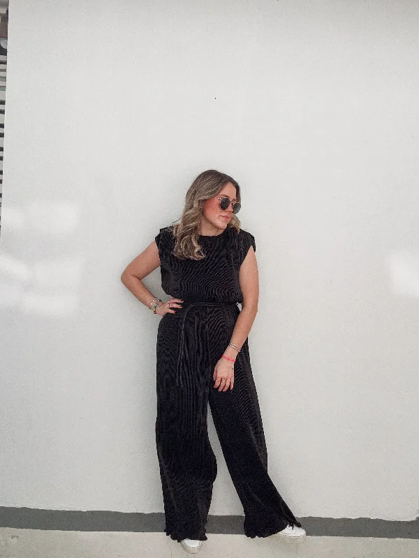 Black Pleated Jumpsuit Elegant Women's Formal 
