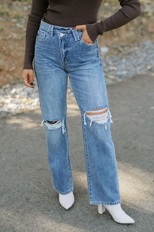 High Rise 90's Criss Cross Straight Jeans Youthful Women's Pop