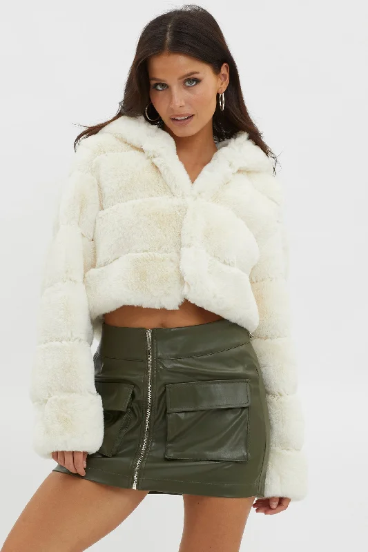Polina Hooded Faux Fur Jacket Ivory Relaxed Women's Beachy