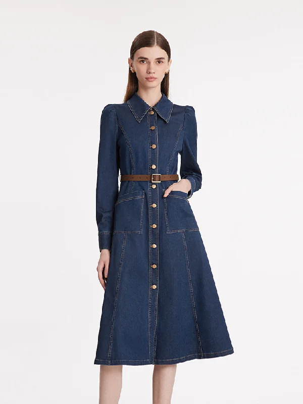 Single-Breasted Lapel Women Midi Denim Dress With Belt Minimalist Women's Casual