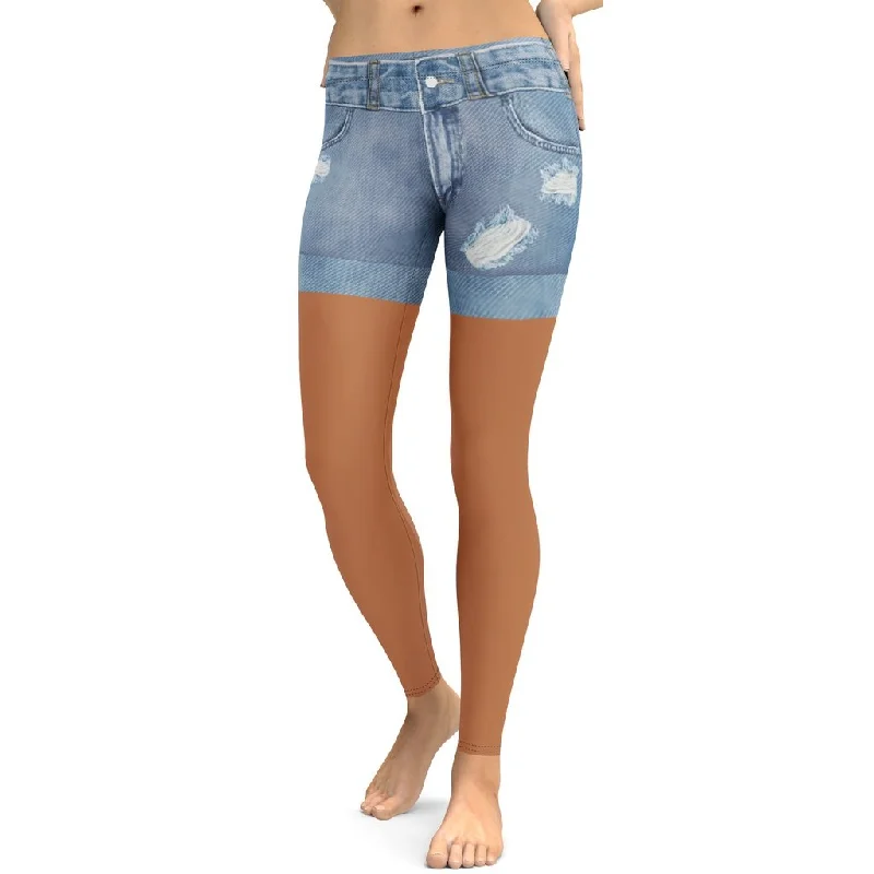 Medium Brown Denim Shorts Print Leggings Minimalist Women's Casual