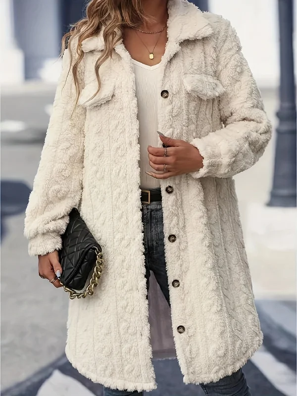 Fuzzy Button Up Long Sleeve Longline Coat Monochromatic All - in - one