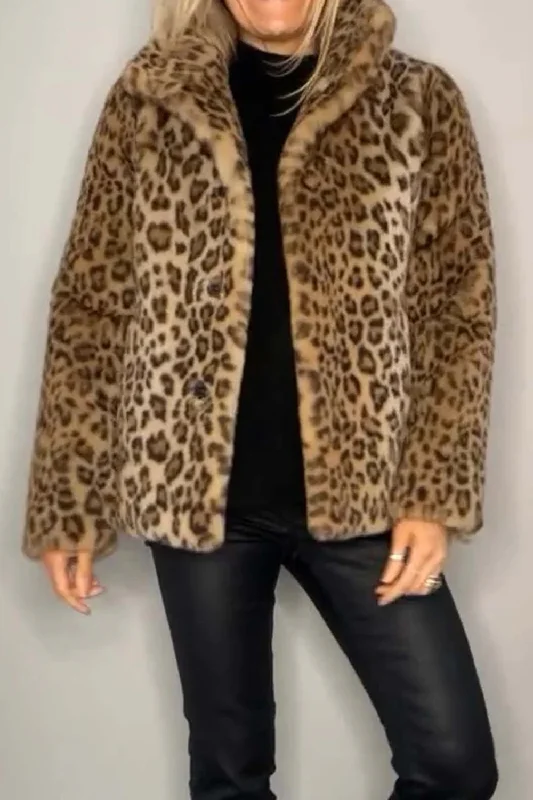 Full Size Leopard Furry Collared Neck Long Sleeve Coat Rugged Women's Outdoor 