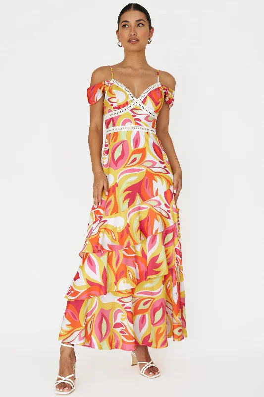 Seina Off-Shoulder Crochet Trim Dress Print Orange Sophisticated Women's 