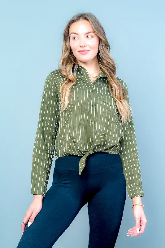 Striped Button Down Long Sleeve Spread Collar Crop Top Tie Front (CET1954) Cozy Women's Sherpa - lined