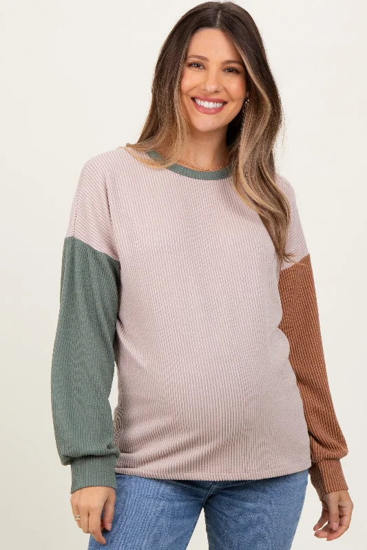 Beige Ribbed Colorblock Sleeve Maternity Long Sleeve Top Stylish Women's Neon